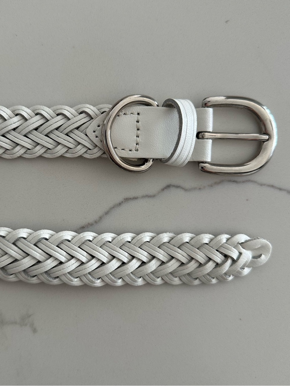 Anthropologie Vintage Braided Leather Belt with Rounded Silver Buckle White M/L